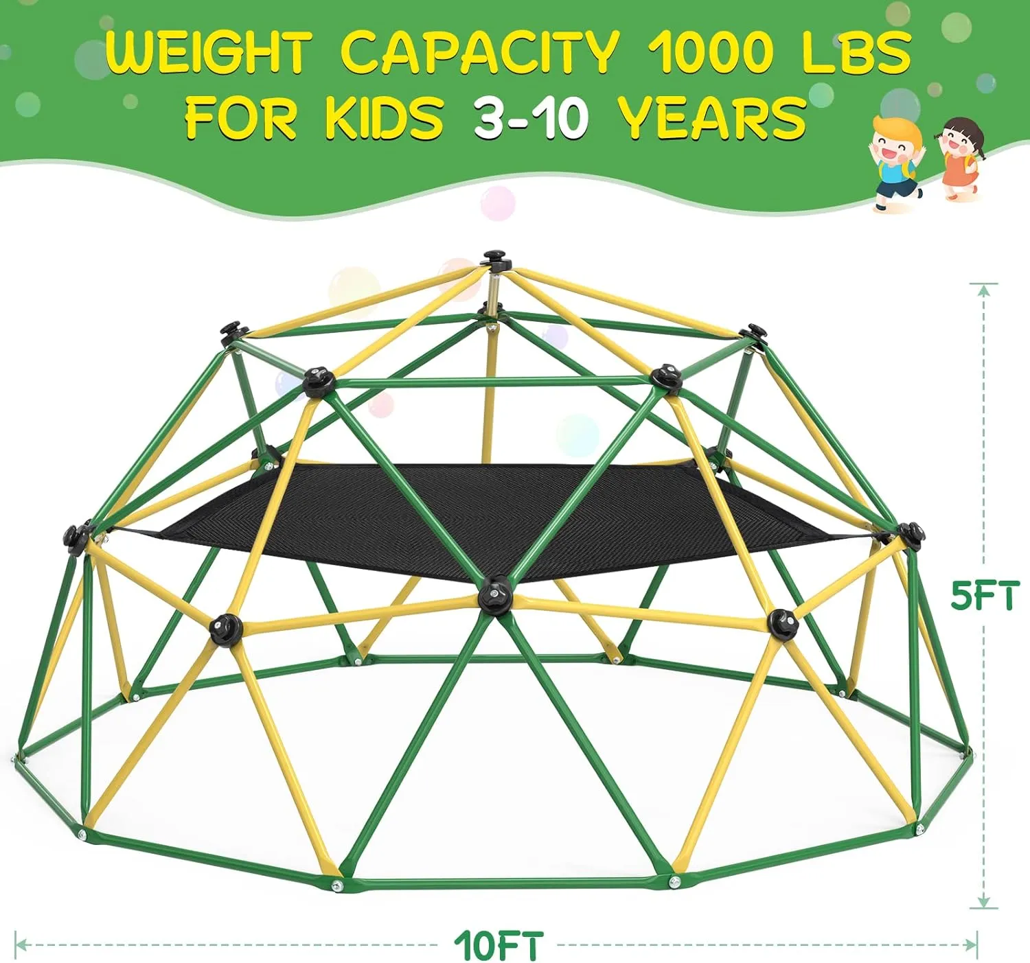 GIKPAL Climbing Dome, 10FT Dome Climber with Hammock for Kids 3 to 10 Outdoor Play Equipment, Supports up to 1000lbs Jungle Gym, Anti-Rust, Easy Assembly, Yellow Green