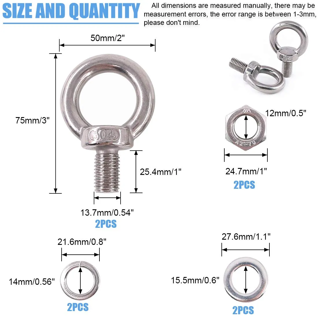 Glarks 8Pcs M14 Heavy Duty Screw Bolt, 304 Stainless Steel Male Thread Machinery Shoulder Lifting Ring Eye Bolt with Lock Nuts/Lock Washers/Flat Washers Set