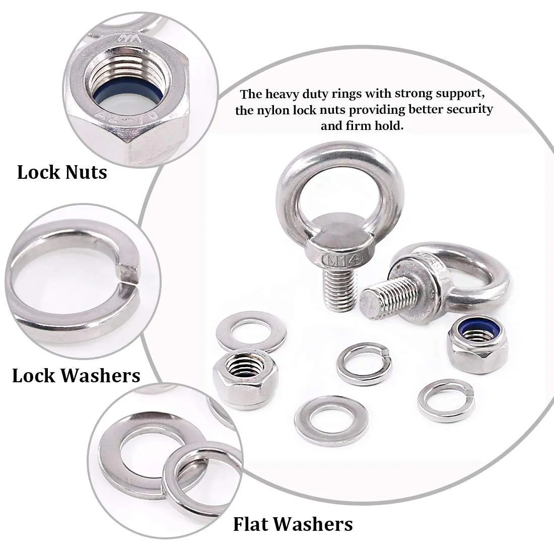 Glarks 8Pcs M14 Heavy Duty Screw Bolt, 304 Stainless Steel Male Thread Machinery Shoulder Lifting Ring Eye Bolt with Lock Nuts/Lock Washers/Flat Washers Set