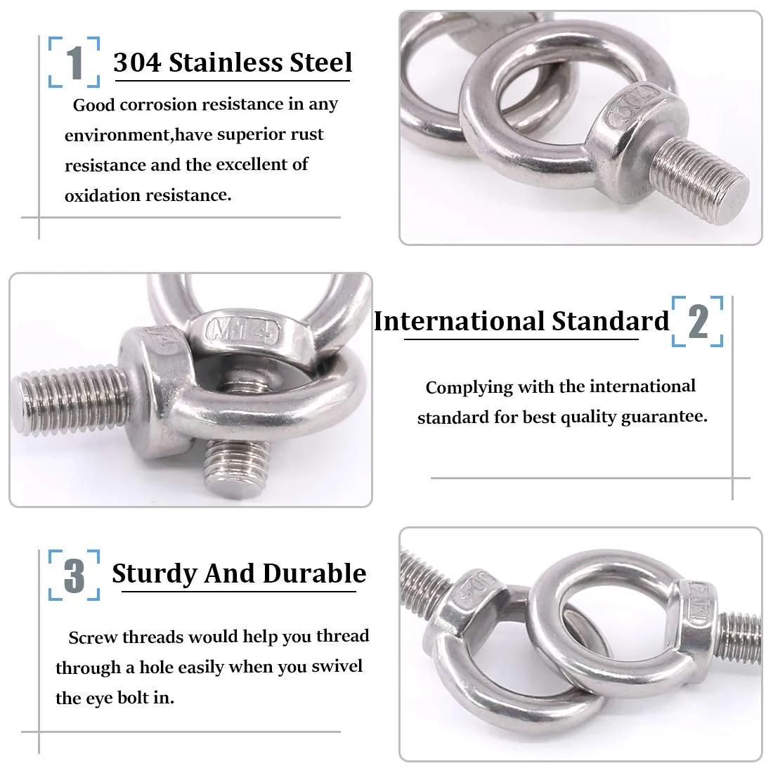 Glarks 8Pcs M14 Heavy Duty Screw Bolt, 304 Stainless Steel Male Thread Machinery Shoulder Lifting Ring Eye Bolt with Lock Nuts/Lock Washers/Flat Washers Set