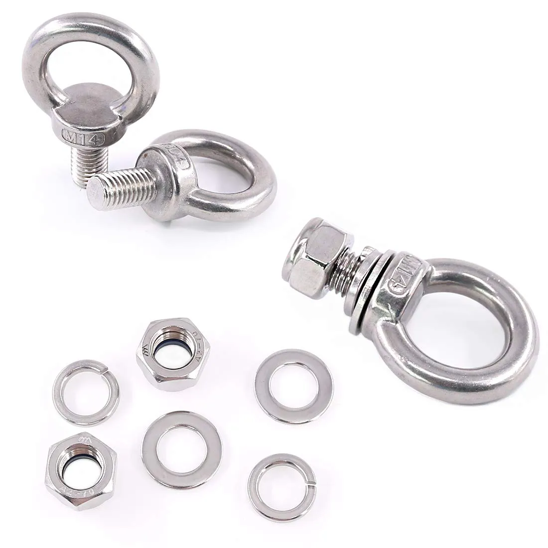 Glarks 8Pcs M14 Heavy Duty Screw Bolt, 304 Stainless Steel Male Thread Machinery Shoulder Lifting Ring Eye Bolt with Lock Nuts/Lock Washers/Flat Washers Set