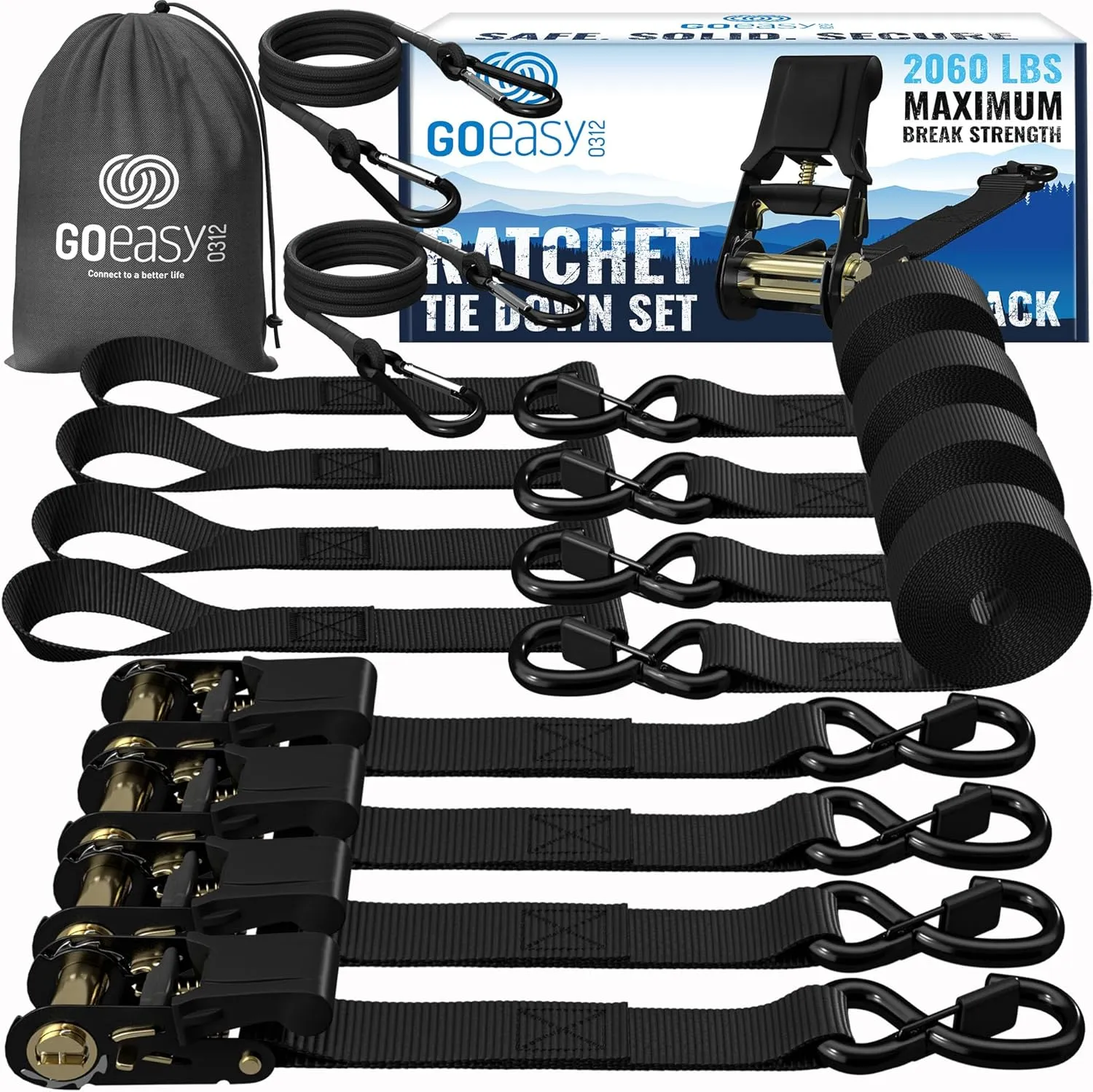 GOEASY0312 Ratchet Tie Down Straps (4PK) - 2,060LB Break Strength, 1in X 15ft Ratchet Straps with Safety Clip, Best for Moving & Securing Cargo | Includes 2 Extra Bungee Cords, 4 Soft Loops