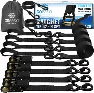 GOEASY0312 Ratchet Tie Down Straps (4PK) - 2,060LB Break Strength, 1in X 15ft Ratchet Straps with Safety Clip, Best for Moving & Securing Cargo | Includes 2 Extra Bungee Cords, 4 Soft Loops