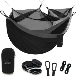 Gold Armour Camping Hammock - Camping Essentials, Double Hammock with Bug Net, Camping Gear Hammock for Outside, Hiking, and Travel (Black & Gray)