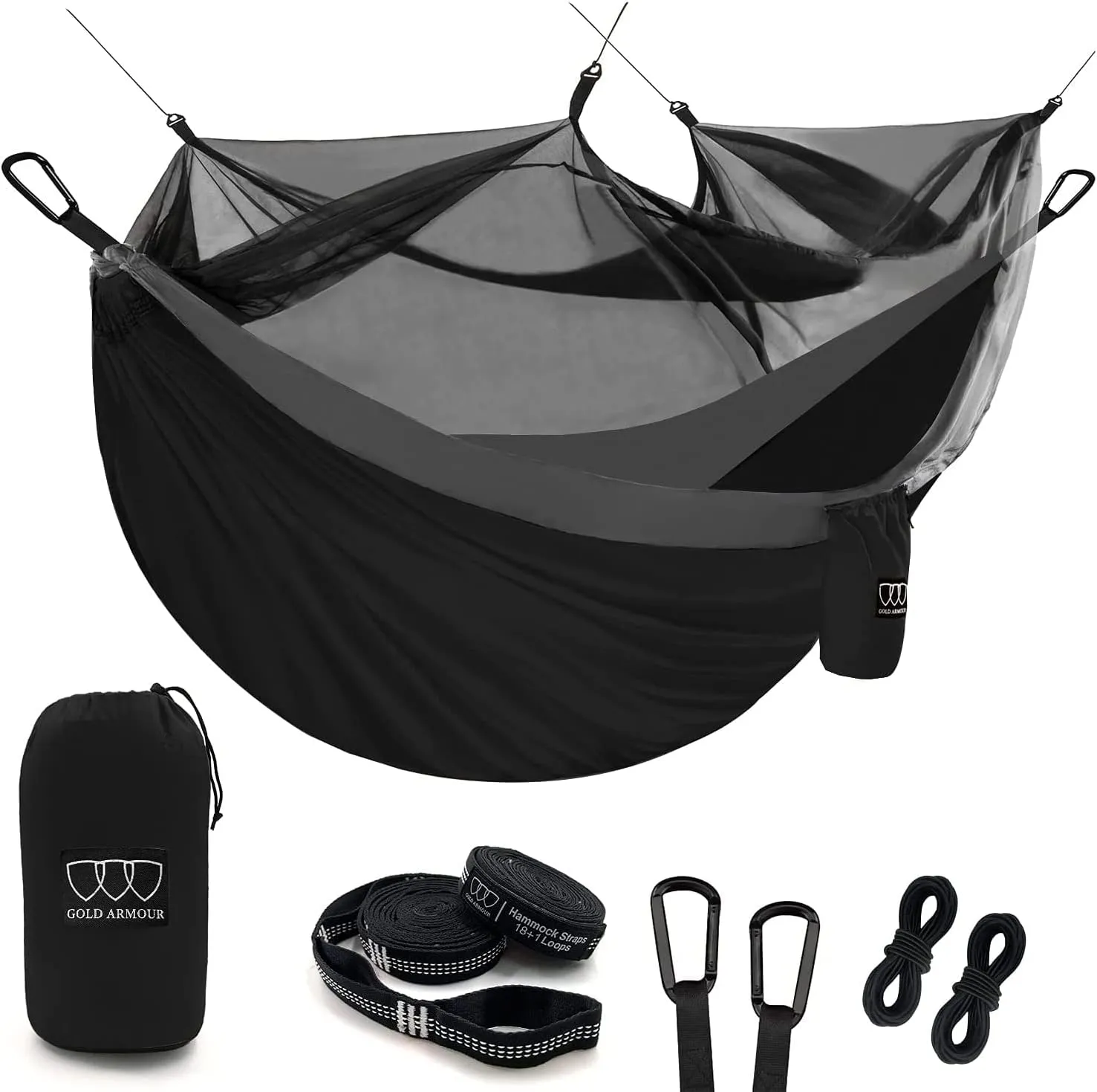 Gold Armour Camping Hammock - Camping Essentials, Double Hammock with Bug Net, Camping Gear Hammock for Outside, Hiking, and Travel (Black & Gray)