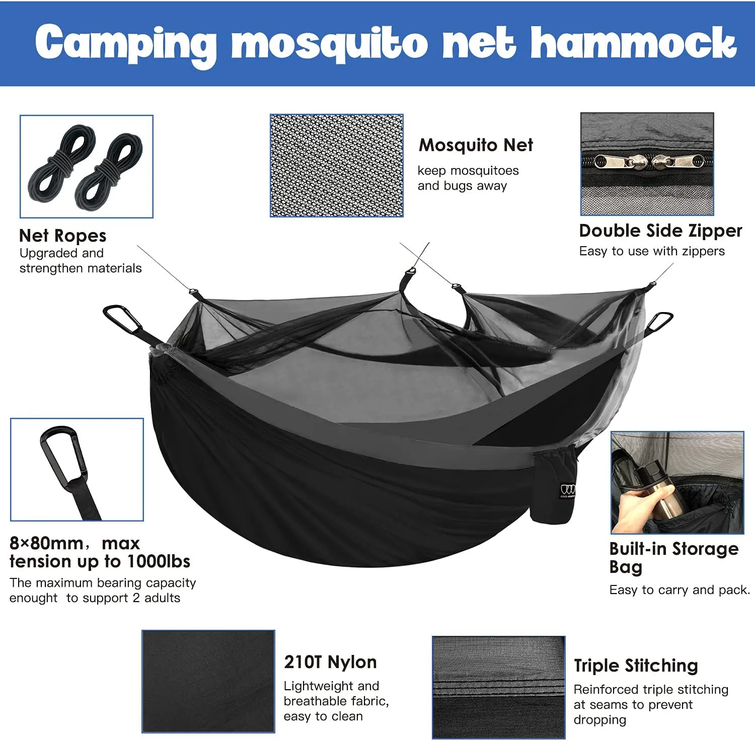Gold Armour Camping Hammock - Camping Essentials, Double Hammock with Bug Net, Camping Gear Hammock for Outside, Hiking, and Travel (Black & Gray)