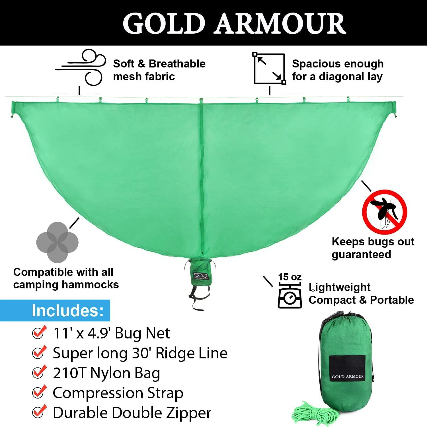 Gold Armour Hammock Bug Net, Mosquito Net Bugs - Premium Mesh Netting, Guardian of No See Um and Insects - Perfect Equipment Gear Accessories for Your Double Hammocks and Single Hammock (Green)