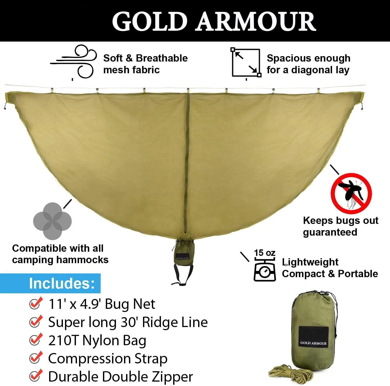 Gold Armour Hammock Bug Net, Mosquito Net Bugs - Premium Mesh Netting, Guardian of No See Um and Insects - Perfect Equipment Gear Accessories for Your Double Hammocks and Single Hammock (OD Green)