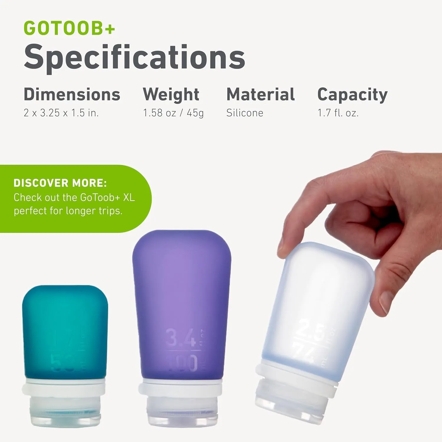 Gotoob  3-Pack (Small) | Refillable Silicone Travel Bottle | Locking Lid | Food-Safe Material, Clear/Green/Blue, Small (1.7 Fl.Oz; 53Ml)