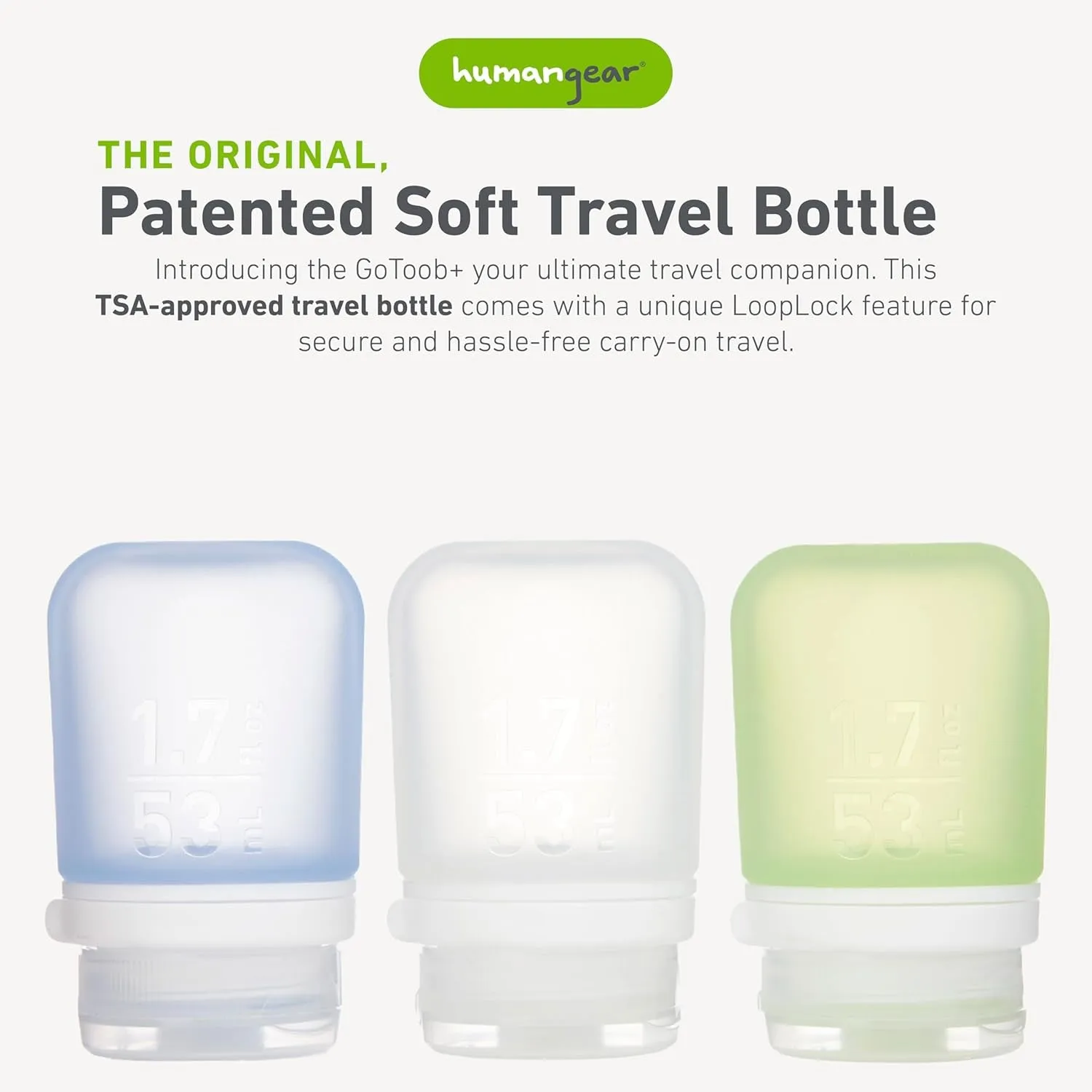 Gotoob  3-Pack (Small) | Refillable Silicone Travel Bottle | Locking Lid | Food-Safe Material, Clear/Green/Blue, Small (1.7 Fl.Oz; 53Ml)