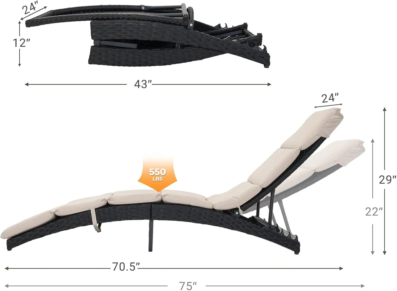 Grand patio Outdoor Lounge Chair Wicker 4-Position Adjustable Folding Aluminum Patio Chaise Lounge with Cushion Beige
