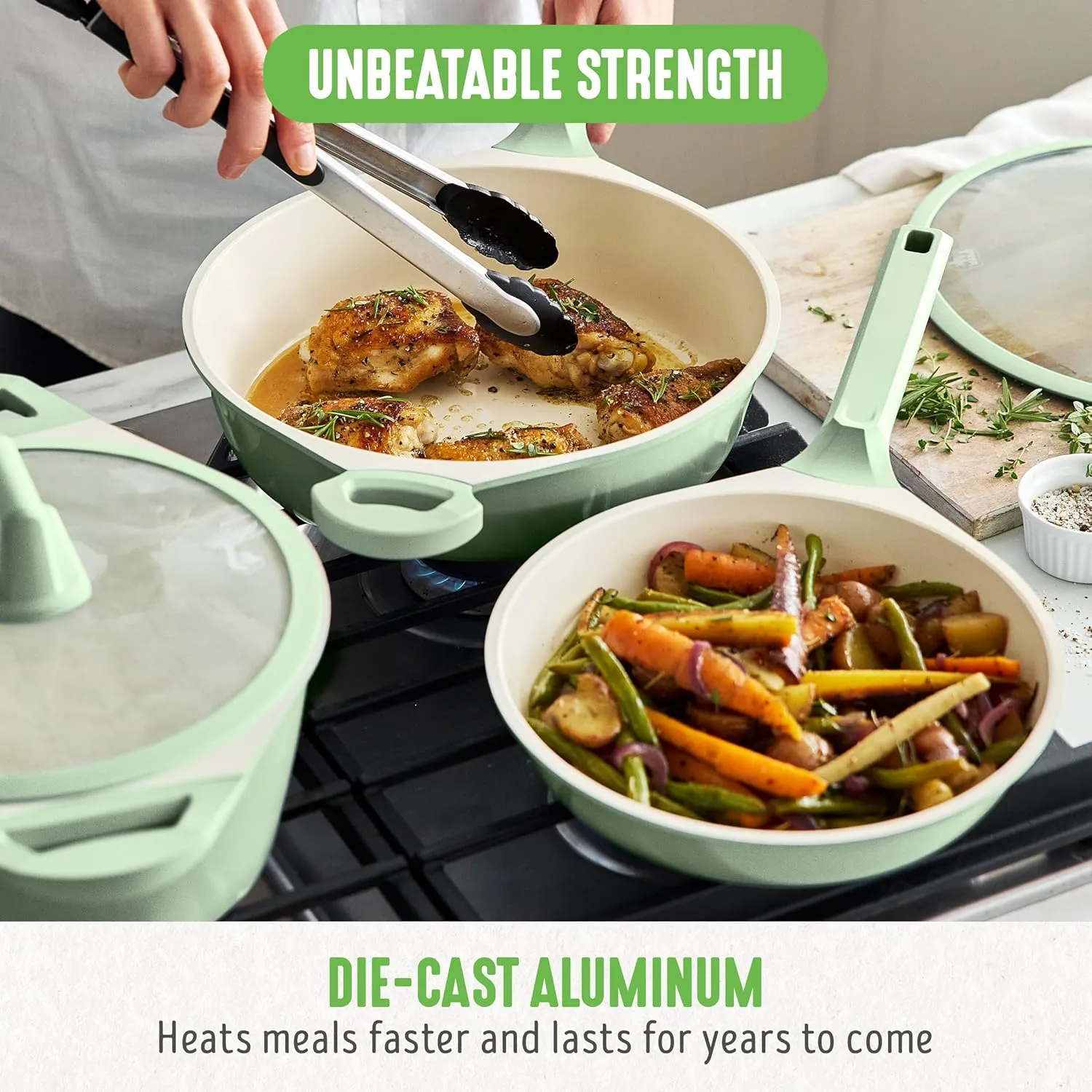 GreenLife Arte 8 Piece Ceramic Nonstick Cookware Pots and Pans Set, Induction Suitable, PFOA & PFAS Free, Stay-Cool Handles, Glass Lids, Stock Saucepans & Frying Pans, Dishwasher Safe, Sage Green