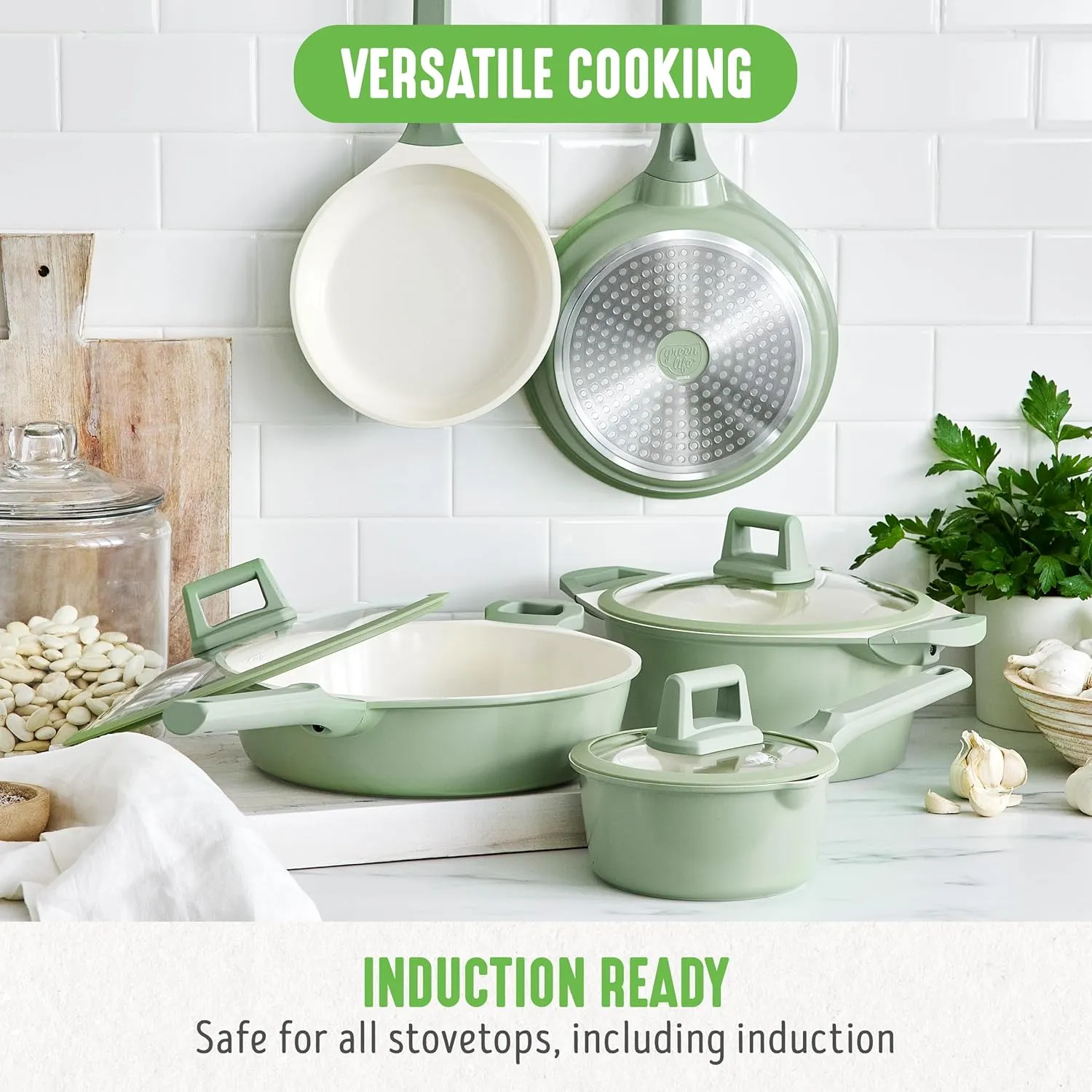 GreenLife Arte 8 Piece Ceramic Nonstick Cookware Pots and Pans Set, Induction Suitable, PFOA & PFAS Free, Stay-Cool Handles, Glass Lids, Stock Saucepans & Frying Pans, Dishwasher Safe, Sage Green