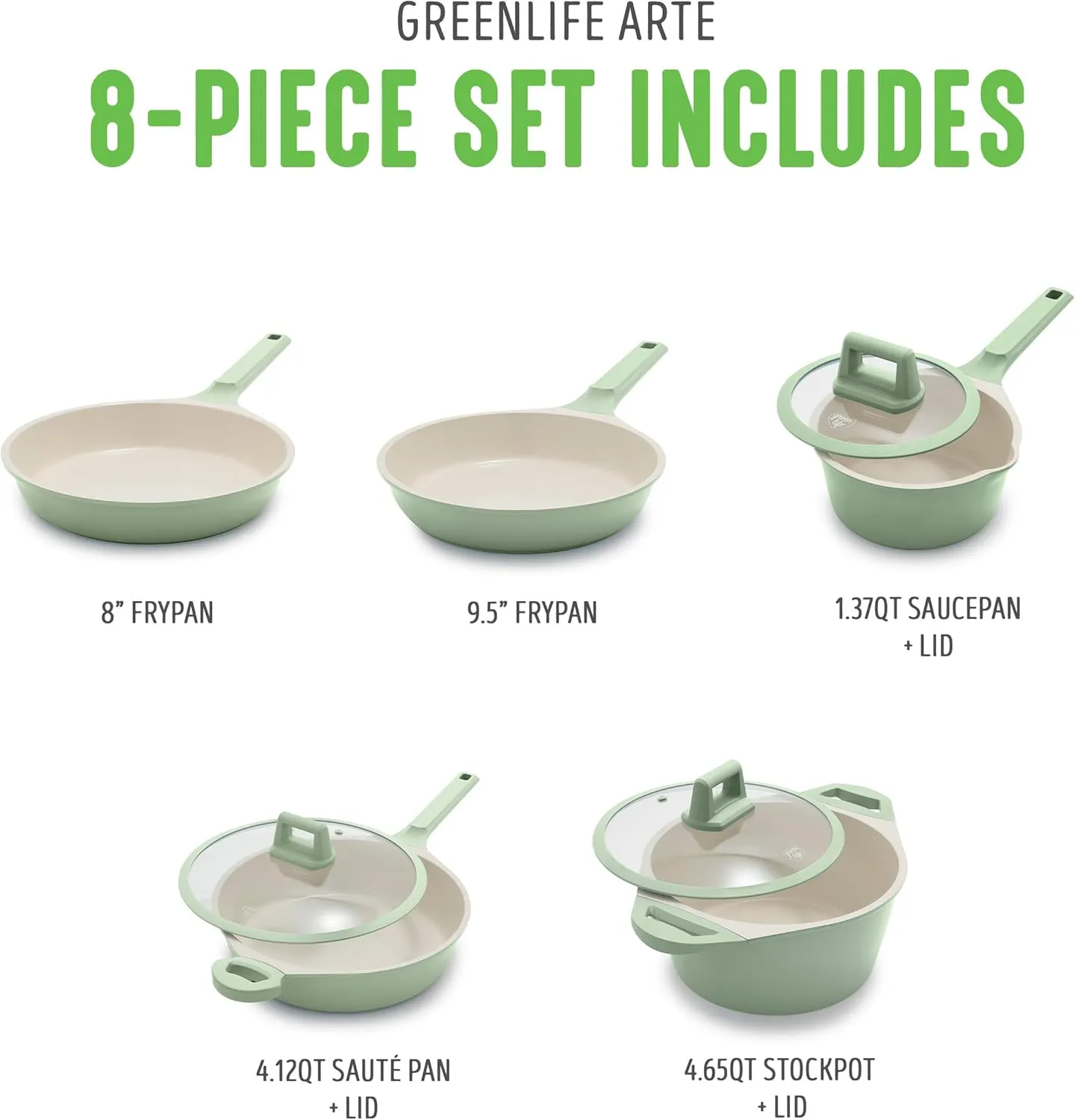 GreenLife Arte 8 Piece Ceramic Nonstick Cookware Pots and Pans Set, Induction Suitable, PFOA & PFAS Free, Stay-Cool Handles, Glass Lids, Stock Saucepans & Frying Pans, Dishwasher Safe, Sage Green