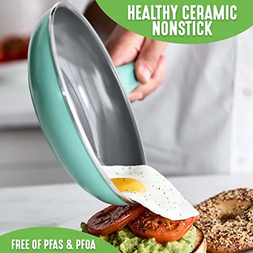 GreenLife Soft Grip Diamond Healthy Ceramic Nonstick, 7" and 10" Frying Pan Skillet Set, PFAS-Free, Dishwasher Safe, Turquoise