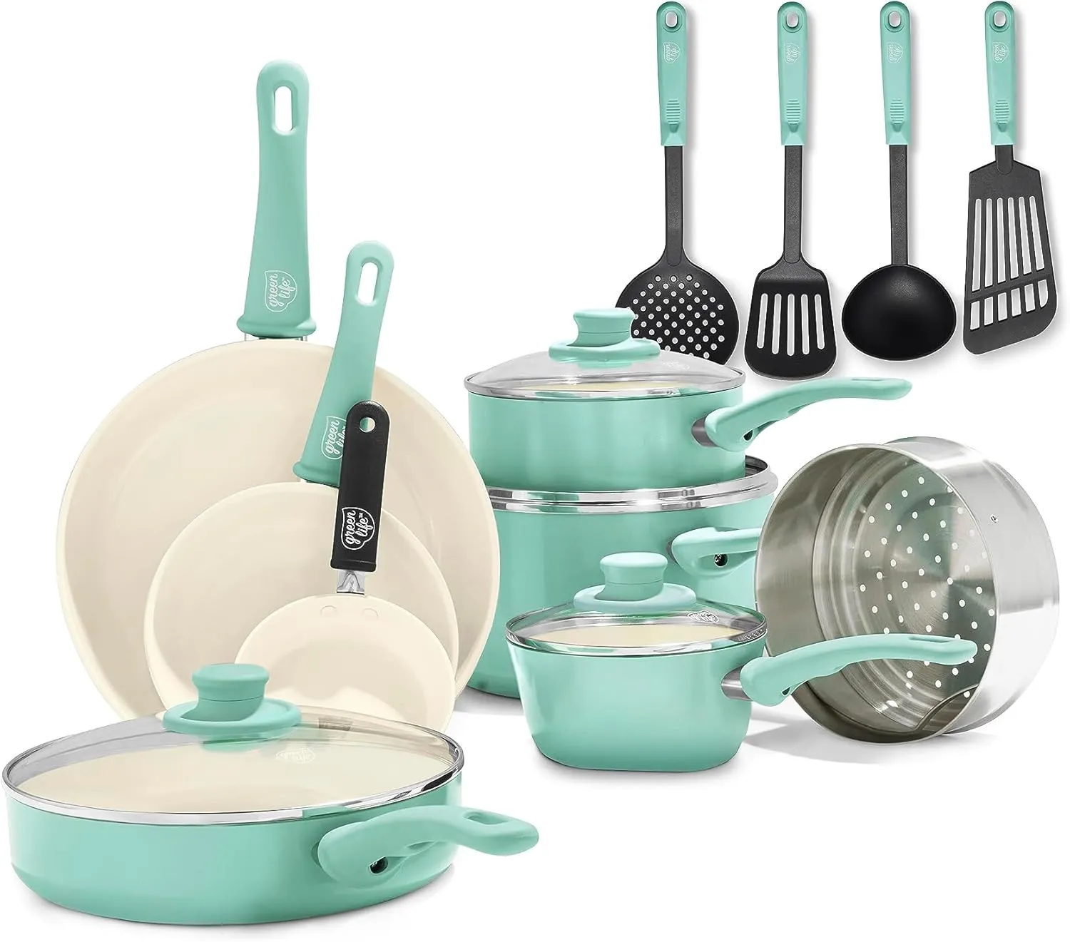 GreenLife Soft Grip Healthy Ceramic Nonstick, 16 pc Ceramic Non-Stick Cookware Set, PFAS-Free, Turquoise