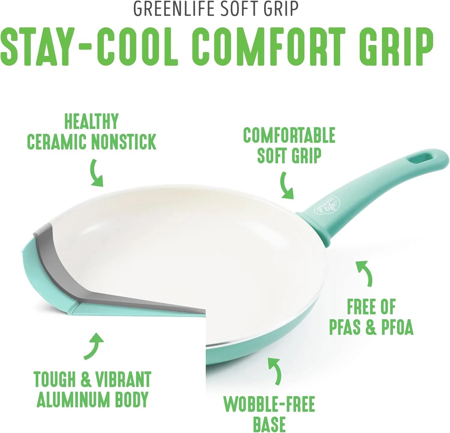 GreenLife Soft Grip Healthy Ceramic Nonstick, 16 pc Ceramic Non-Stick Cookware Set, PFAS-Free, Turquoise