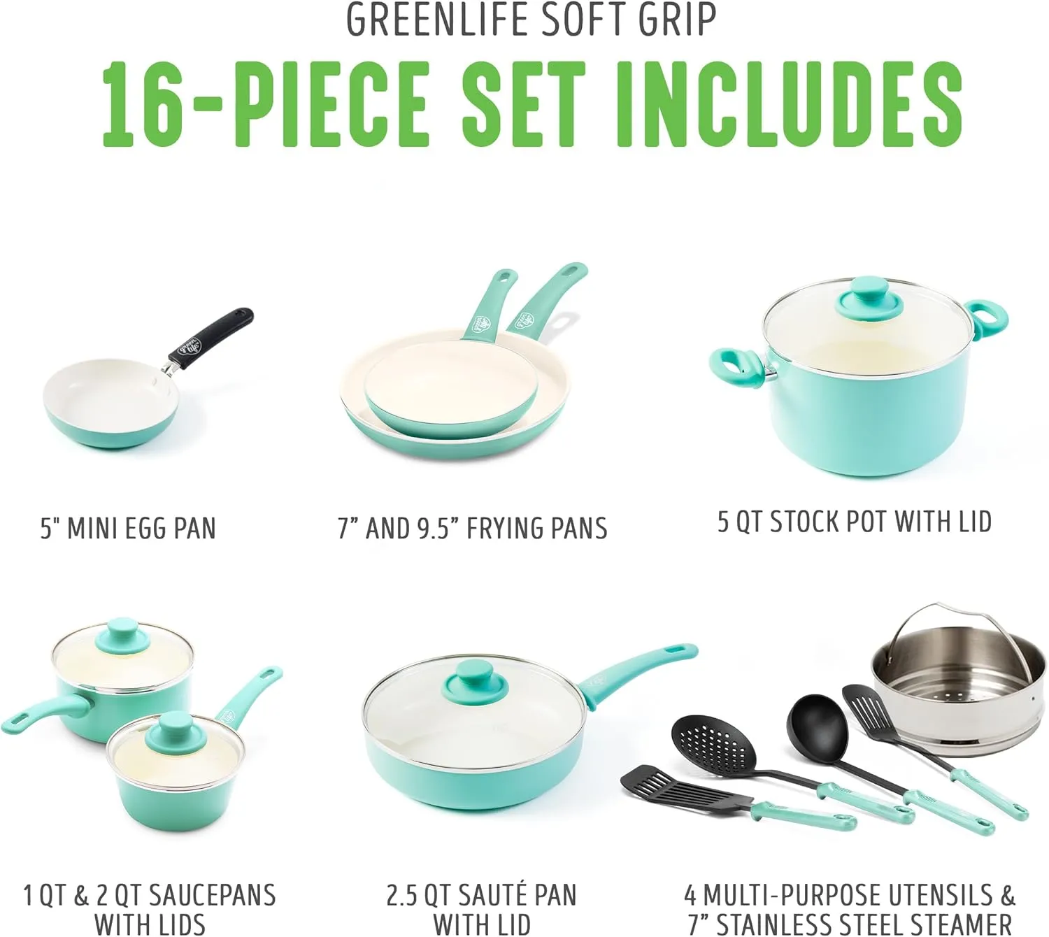 GreenLife Soft Grip Healthy Ceramic Nonstick, 16 pc Ceramic Non-Stick Cookware Set, PFAS-Free, Turquoise
