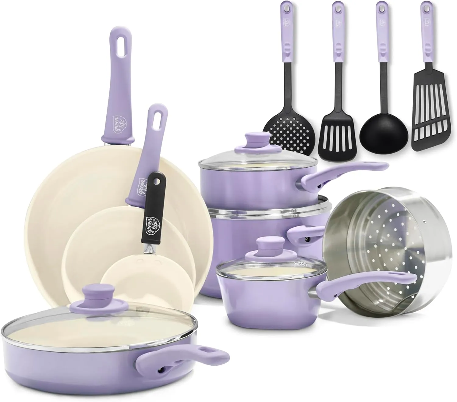 GreenLife Soft Grip Healthy Ceramic Nonstick, 16 pc Cookware Pots and Pans Set, PFAS-Free, Dishwasher Safe, Yellow