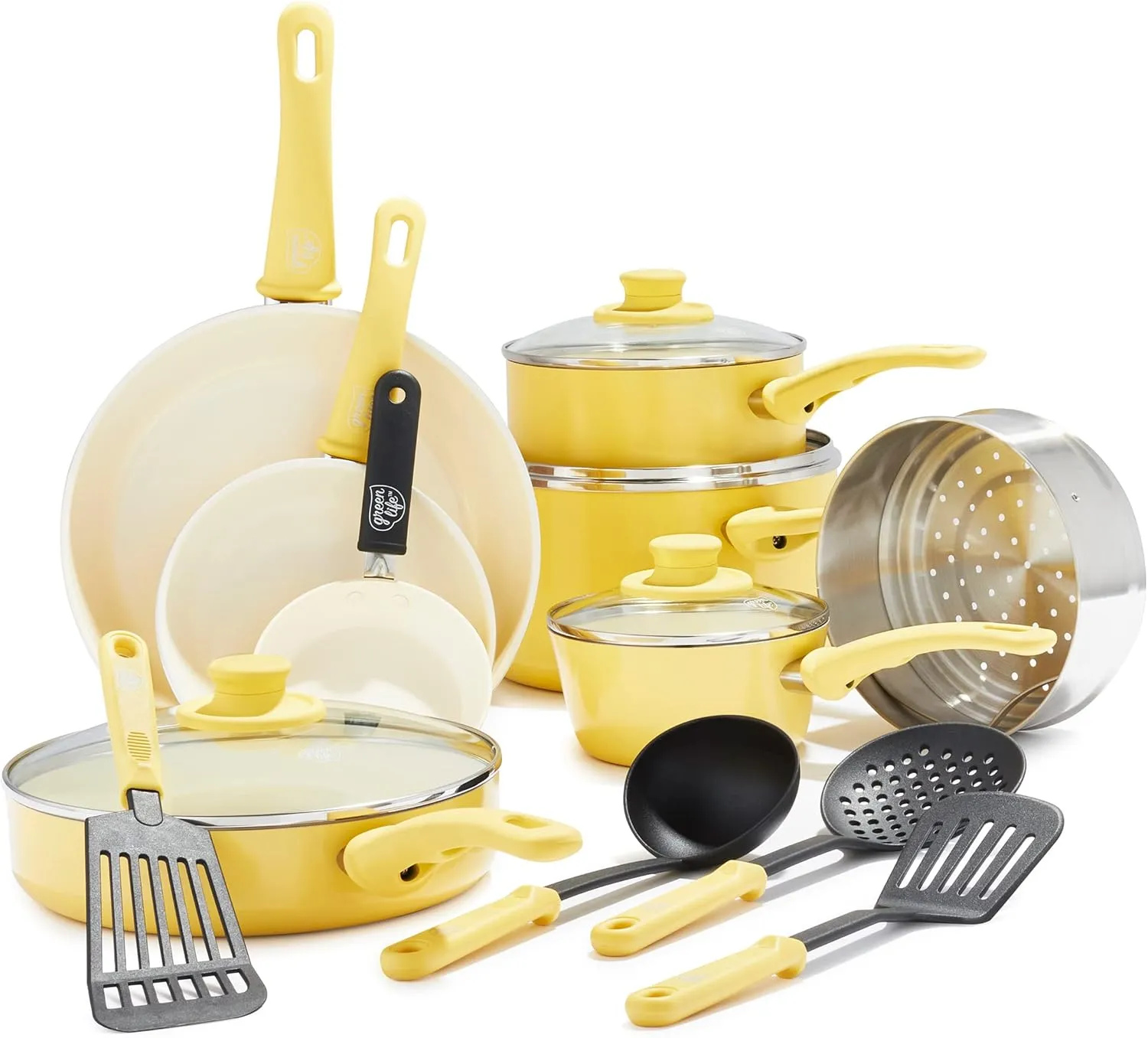 GreenLife Soft Grip Healthy Ceramic Nonstick, 16 pc Cookware Pots and Pans Set, PFAS-Free, Dishwasher Safe, Yellow