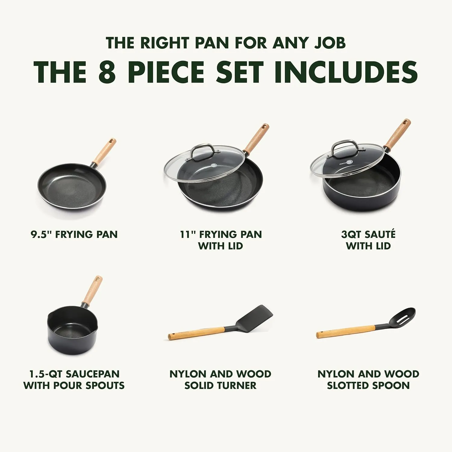 GreenPan Hudson Healthy Ceramic Nonstick 8 Piece Cookware Pots and Pans Set, Wood Inspired Handle, PFAS-Free, Dishwasher Safe, Black