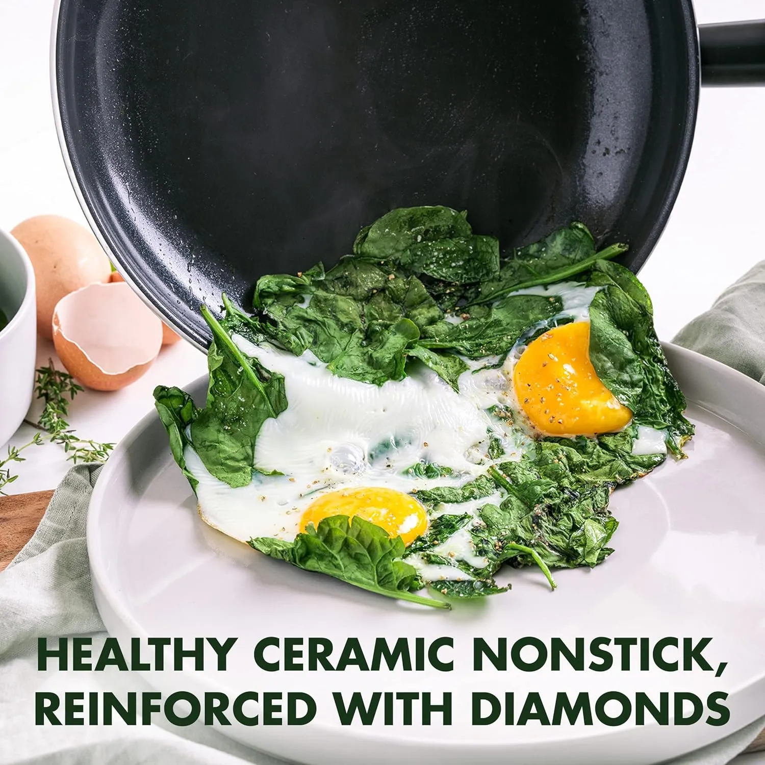 GreenPan Hudson Healthy Ceramic Nonstick 8 Piece Cookware Pots and Pans Set, Wood Inspired Handle, PFAS-Free, Dishwasher Safe, Black