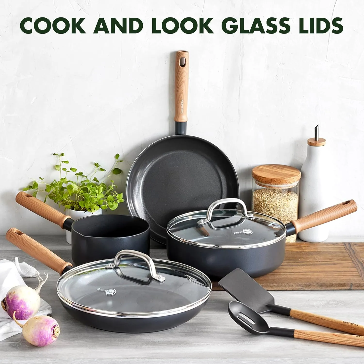 GreenPan Hudson Healthy Ceramic Nonstick 8 Piece Cookware Pots and Pans Set, Wood Inspired Handle, PFAS-Free, Dishwasher Safe, Black