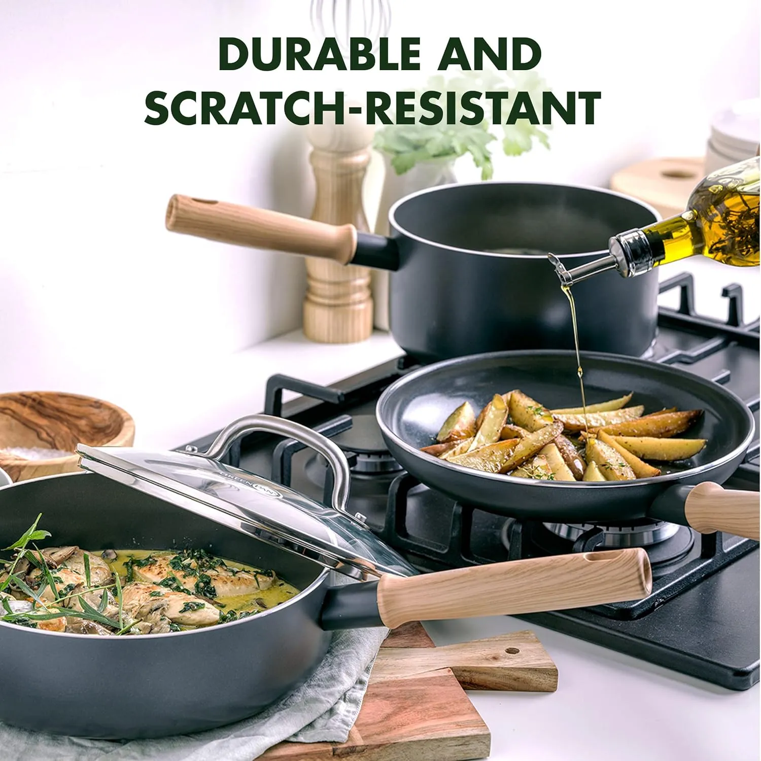 GreenPan Hudson Healthy Ceramic Nonstick 8 Piece Cookware Pots and Pans Set, Wood Inspired Handle, PFAS-Free, Dishwasher Safe, Black