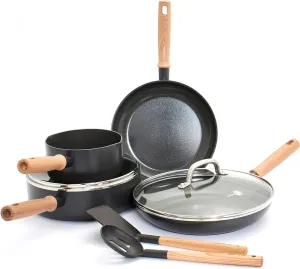 GreenPan Hudson Healthy Ceramic Nonstick 8 Piece Cookware Pots and Pans Set, Wood Inspired Handle, PFAS-Free, Dishwasher Safe, Black