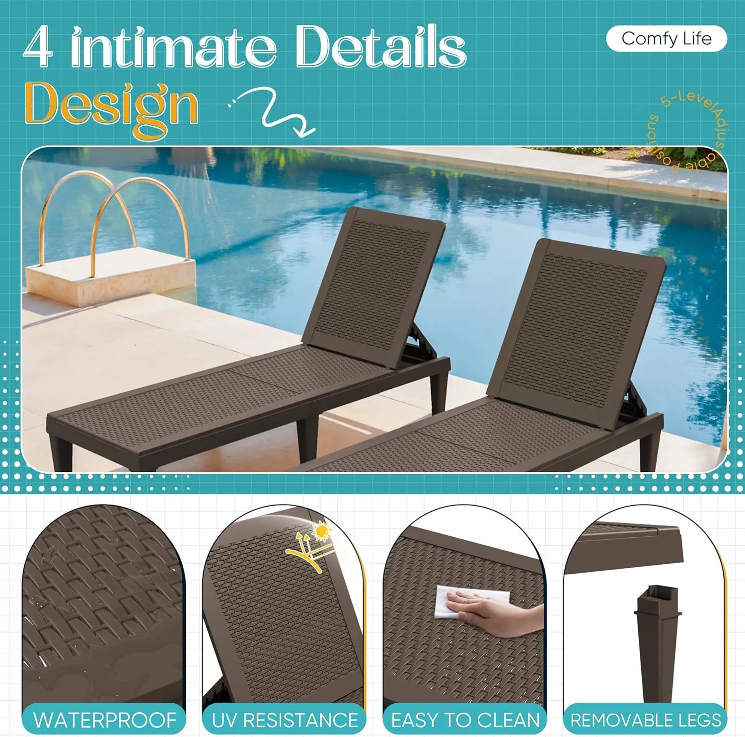 Greesum Outdoor Chaise Lounge Chairs Set of 2 with 5-Position Adjustable Backrest, Waterproof PP Sun Loungers for Garden Pool Beach Patio Deck Sunbathing, Brown