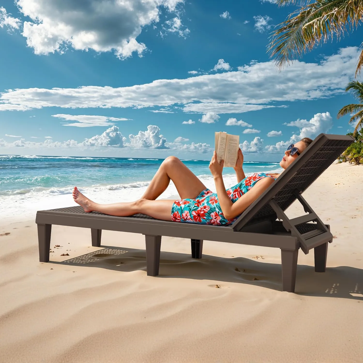 Greesum Outdoor Chaise Lounge Chairs Set of 2 with 5-Position Adjustable Backrest, Waterproof PP Sun Loungers for Garden Pool Beach Patio Deck Sunbathing, Brown