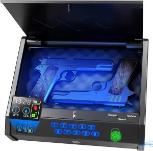 Gun Safes, Biometric Pistol Safe with LCD Display of Temperature Humidity USB Port, Gun Safes 3 Ways Quick Access Fingerprint Handgun Safe for Nightstand Car