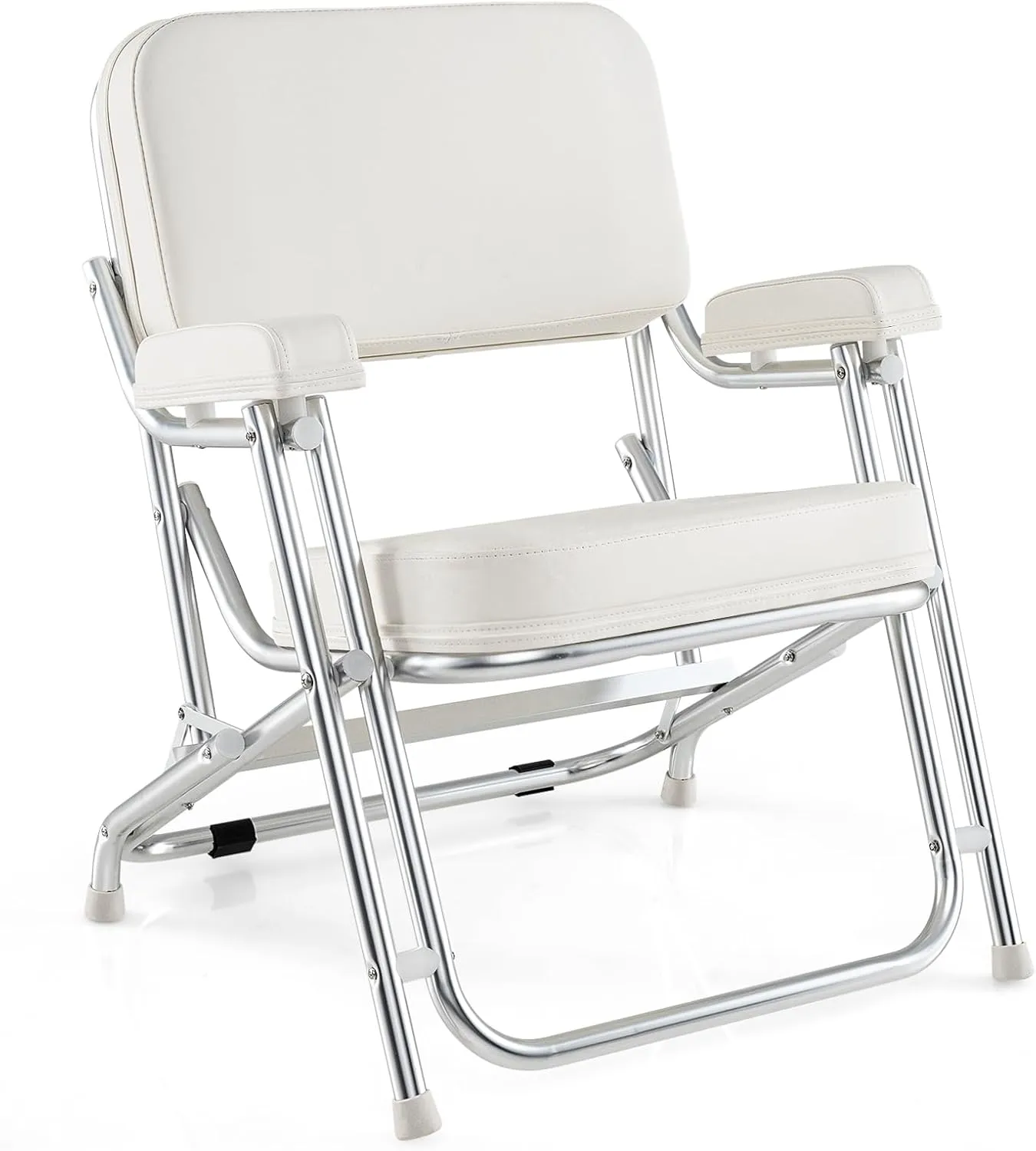 GYMAX Aluminum Folding Boat Chair with Cushioned Seat & Armrests, Non-Slip Foot Pads, Lock Pin, Modern Style, White, 330 lbs Load Capacity, Adult, Outdoor Use