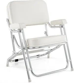 GYMAX Aluminum Folding Boat Chair with Cushioned Seat & Armrests, Non-Slip Foot Pads, Lock Pin, Modern Style, White, 330 lbs Load Capacity, Adult, Outdoor Use