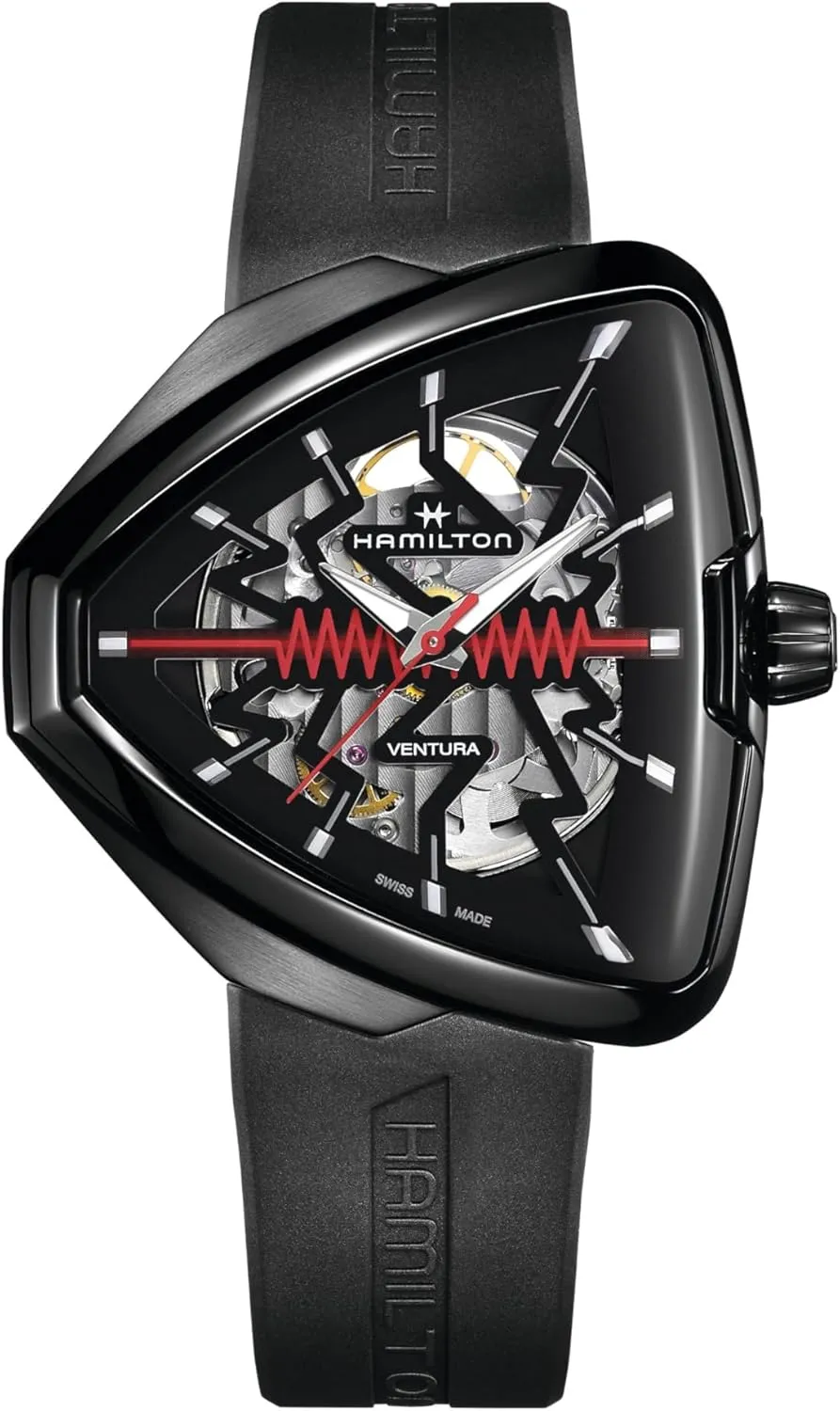 Hamilton Watch Ventura Elvis80 Skeleton Auto | Swiss Made | 42.5mm x 44.6mm Stainless Steel Case | Black Dial Analog Watch | Black Rubber Strap (Model: H24535331)