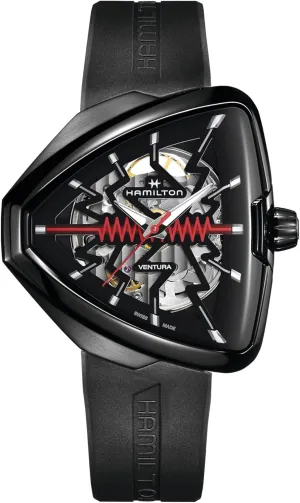 Hamilton Watch Ventura Elvis80 Skeleton Auto | Swiss Made | 42.5mm x 44.6mm Stainless Steel Case | Black Dial Analog Watch | Black Rubber Strap (Model: H24535331)