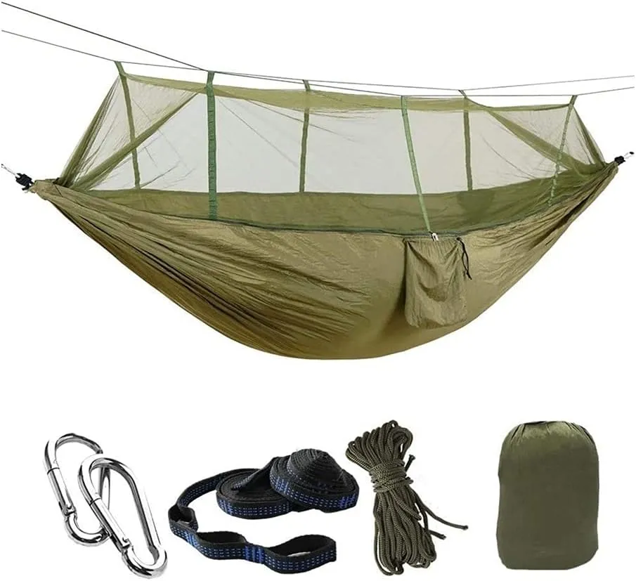Hammock Handmade Camping Hammock with Mosquito Net Pop-Up Light Portable Outdoor Parachute Hammocks Swing Sleeping Hammock Camping Stuff Swing, Green Upgrade