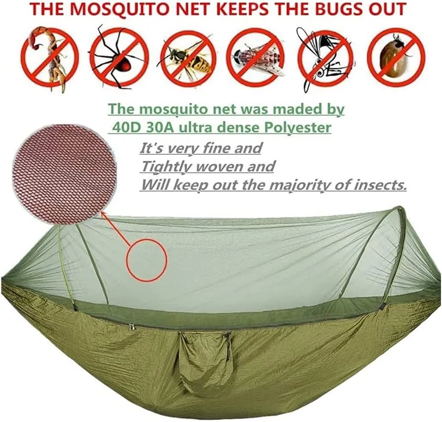 Hammock Handmade Camping Hammock with Mosquito Net Pop-Up Light Portable Outdoor Parachute Hammocks Swing Sleeping Hammock Camping Stuff Swing, Green Upgrade