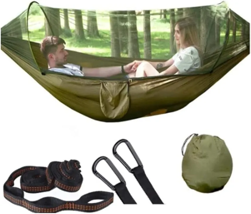 Hammock Handmade Camping Hammock with Mosquito Net Pop-Up Light Portable Outdoor Parachute Hammocks Swing Sleeping Hammock Camping Stuff Swing, Green Upgrade