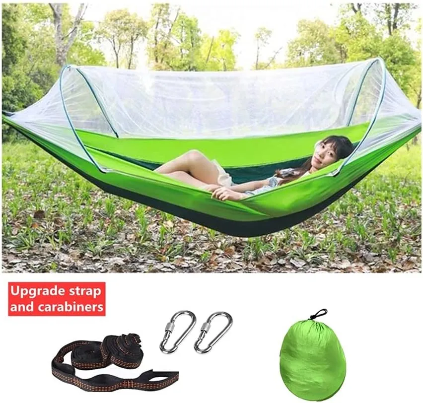 Hammock Handmade Camping Hammock with Mosquito Net Pop-Up Light Portable Outdoor Parachute Hammocks Swing Sleeping Hammock Camping Stuff Swing, Green Upgrade