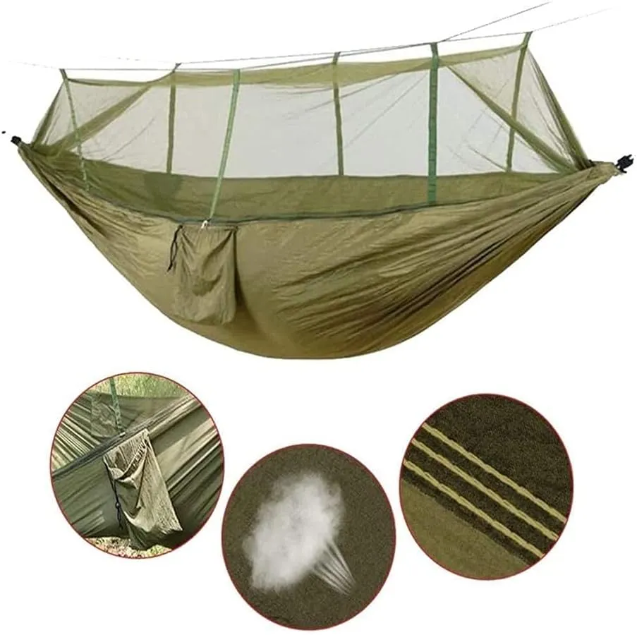 Hammock Handmade Camping Hammock with Mosquito Net Pop-Up Light Portable Outdoor Parachute Hammocks Swing Sleeping Hammock Camping Stuff Swing, Green Upgrade