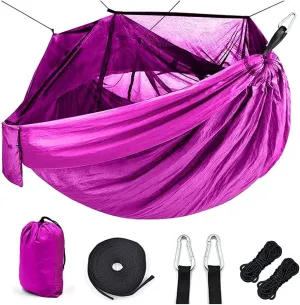 Hammock Portable Outdoor Camping Hammock with Mosquito Net High Strength Parachute Fabric Camping Hammock Hunting Hanging Sleeping Swing Swing, Light Purple