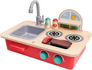Hape: Cook & Create Countertop Kitchen Playset - Wooden Sounds Toy, Adjustable Sink, Blackboard, Food & Cooking Accessories, Toddlers & Kids Ages 2 