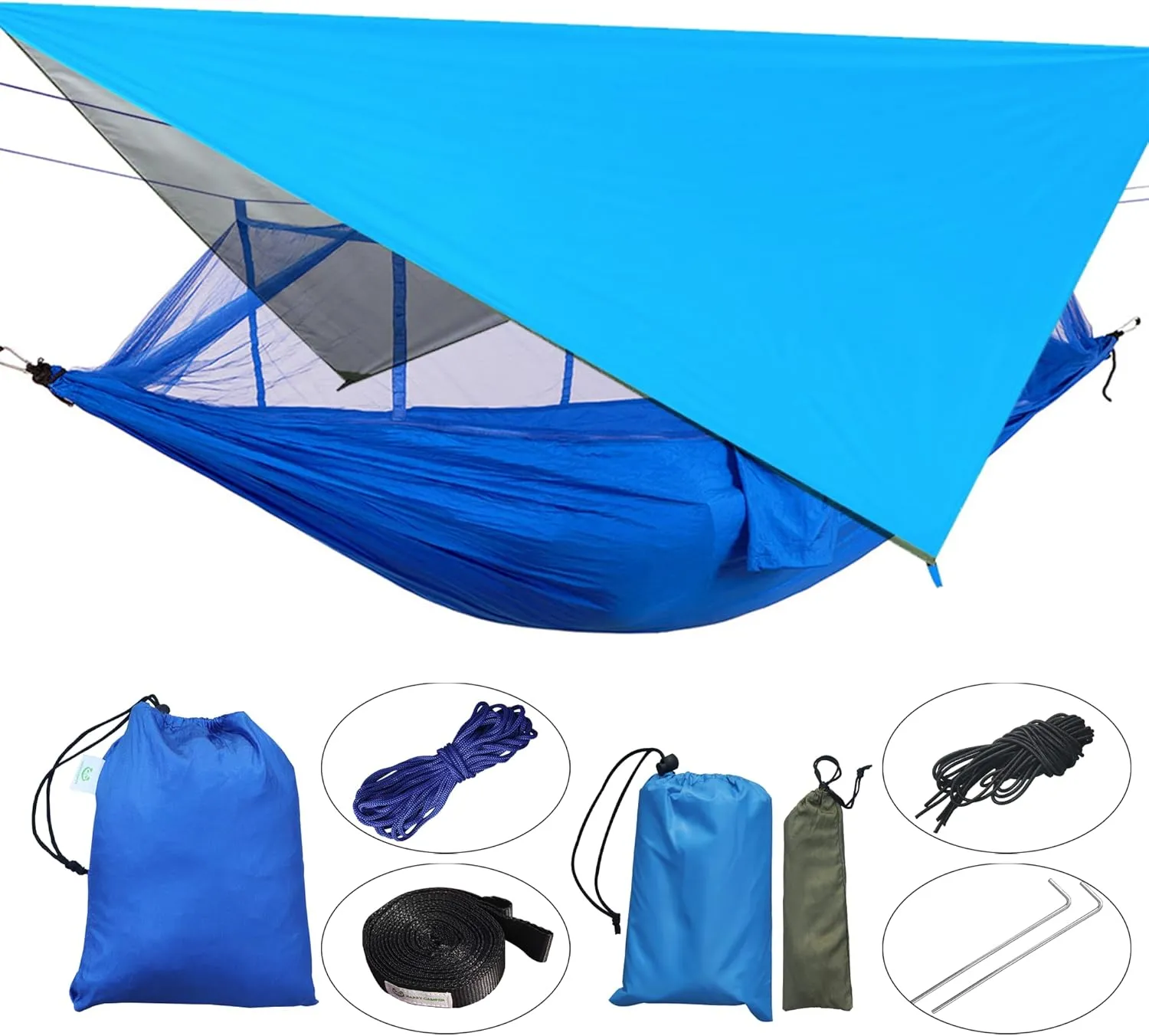 Happy Camper Camping Hammock for Camping Outdoor Adventures Backpacking or Travel with Rain Fly and Mosquito Net, Lightweight & Portable - Up to 400lbs (Blue, Single)