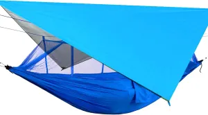 Happy Camper Camping Hammock for Camping Outdoor Adventures Backpacking or Travel with Rain Fly and Mosquito Net, Lightweight & Portable - Up to 400lbs (Blue, Single)
