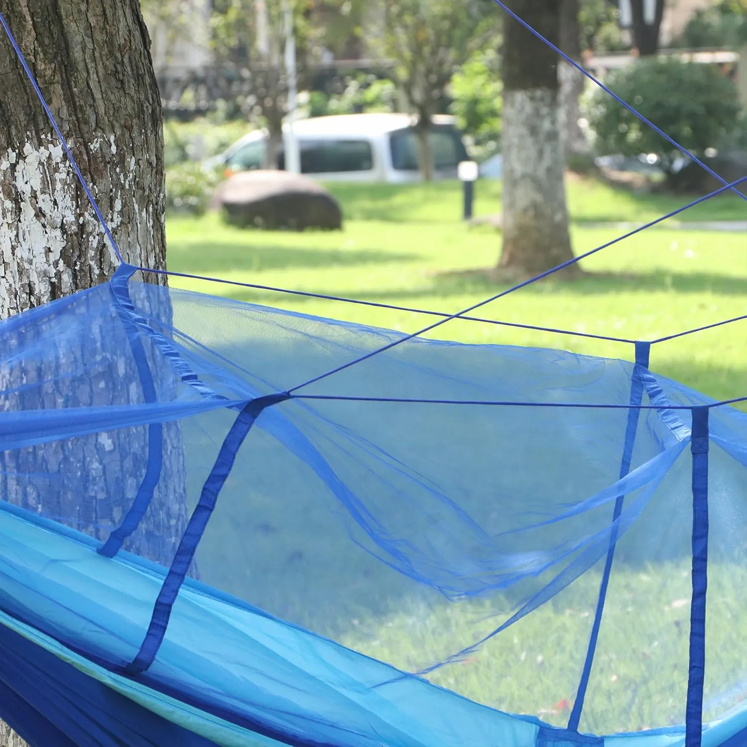 Happy Camper Camping Hammock for Camping Outdoor Adventures Backpacking or Travel with Rain Fly and Mosquito Net, Lightweight & Portable - Up to 400lbs (Light Blue/Blue, Single)