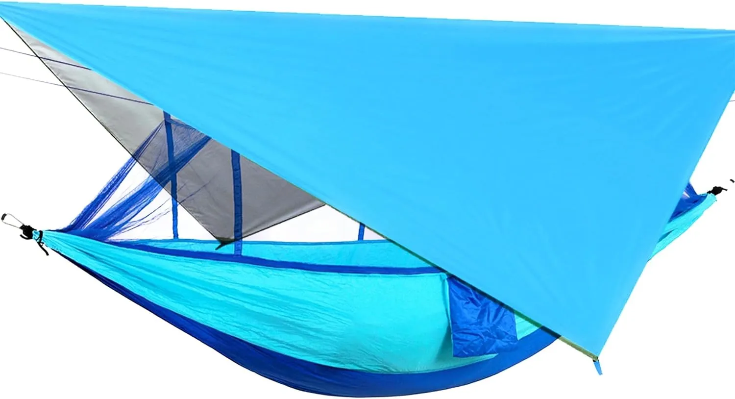 Happy Camper Camping Hammock for Camping Outdoor Adventures Backpacking or Travel with Rain Fly and Mosquito Net, Lightweight & Portable - Up to 400lbs (Light Blue/Blue, Single)