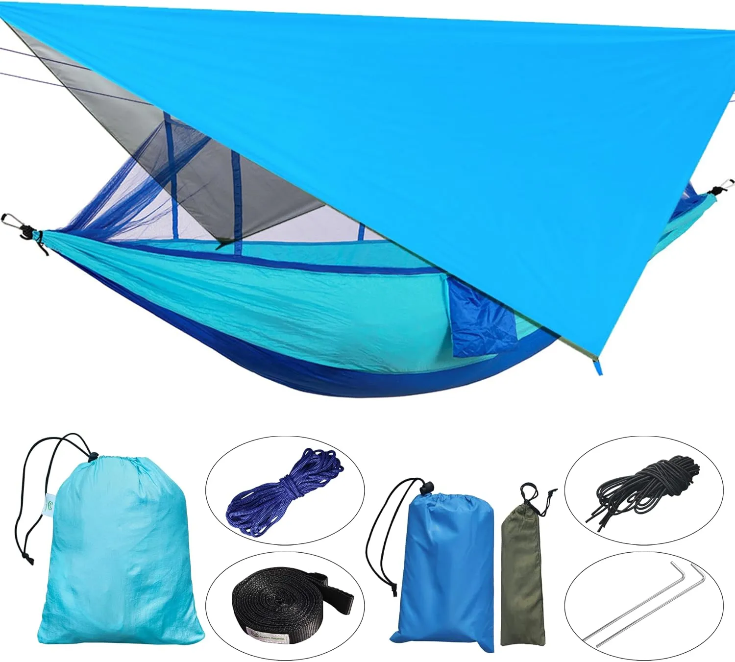 Happy Camper Camping Hammock for Camping Outdoor Adventures Backpacking or Travel with Rain Fly and Mosquito Net, Lightweight & Portable - Up to 400lbs (Light Blue/Blue, Single)