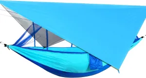 Happy Camper Camping Hammock for Camping Outdoor Adventures Backpacking or Travel with Rain Fly and Mosquito Net, Lightweight & Portable - Up to 400lbs (Light Blue/Blue, Single)