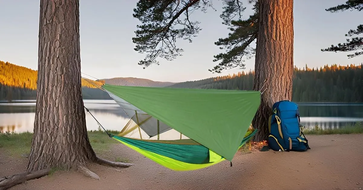 Happy Camper Camping Hammock for Camping Outdoor Adventures Backpacking or Travel with Rain Fly and Mosquito Net, Lightweight & Portable - Up to 400lbs (Light Blue/Blue, Single)
